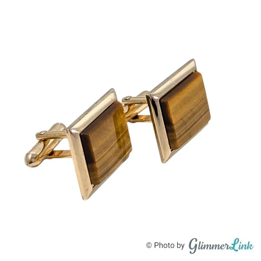 Vintage Swank Brown Tiger's Eye Rectangular Gold Tone Cufflinks & Tie Bar Set